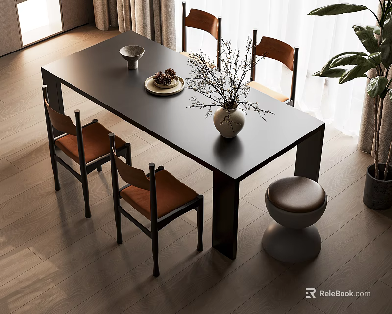 Restaurant Dining Interior With Black Table Vase Flowers Brown Chairs Stool And Wooden Flooring 3d model 