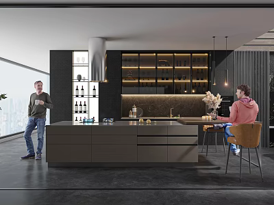 Modern Open Kitchen Interior Design With Black Cabinets Island And City View 3d model