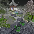 Chinese Courtyard Garden With Pagoda Stone Bridge Water Lily Pond And Cherry Blossom Tree
