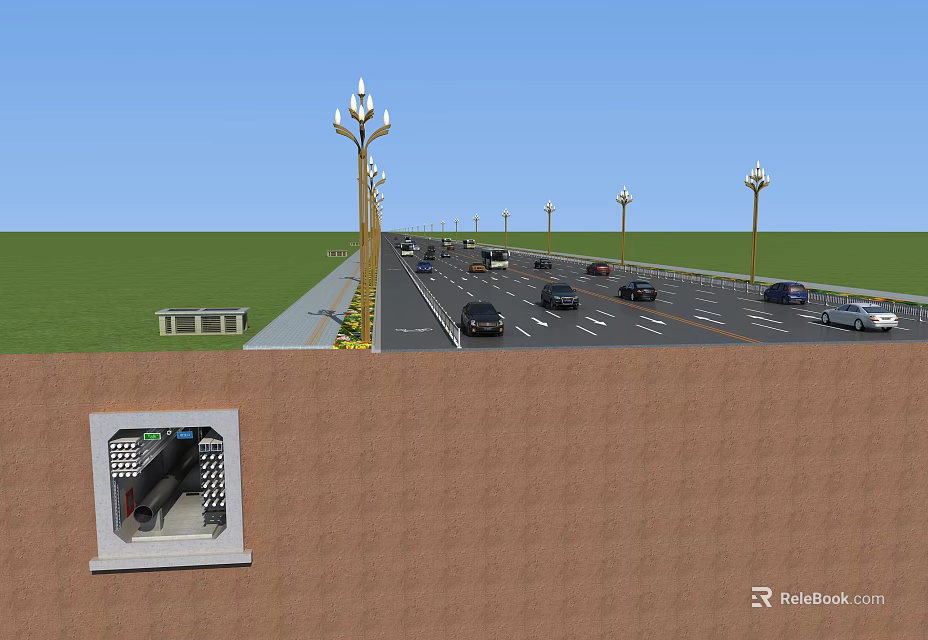 Urban Road Infrastructure With Street Lighting Traffic Lanes Vehicles And Utility Facilities 3d model 