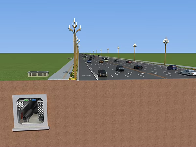 Urban Road Infrastructure With Street Lighting Traffic Lanes Vehicles And Utility Facilities 3d model