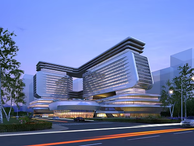 Modern Office Building Featuring Unique Architectural Design Glass Facade Evening Lighting And Landscaped Surroundings 3d model