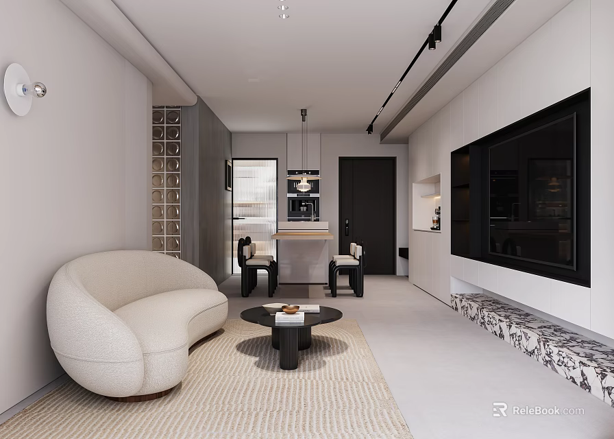 Elegant Modern Living And Dining Room Interior With Sofa Coffee Table And TV Wall 3d model 