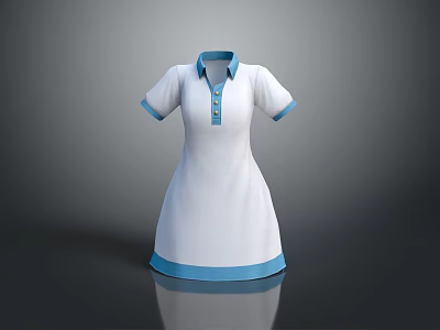 White Dress with Blue Collar Short Sleeves Blue Cuffs and Hem Buttons 3d model