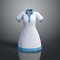 White Dress with Blue Collar Short Sleeves Blue Cuffs and Hem Buttons