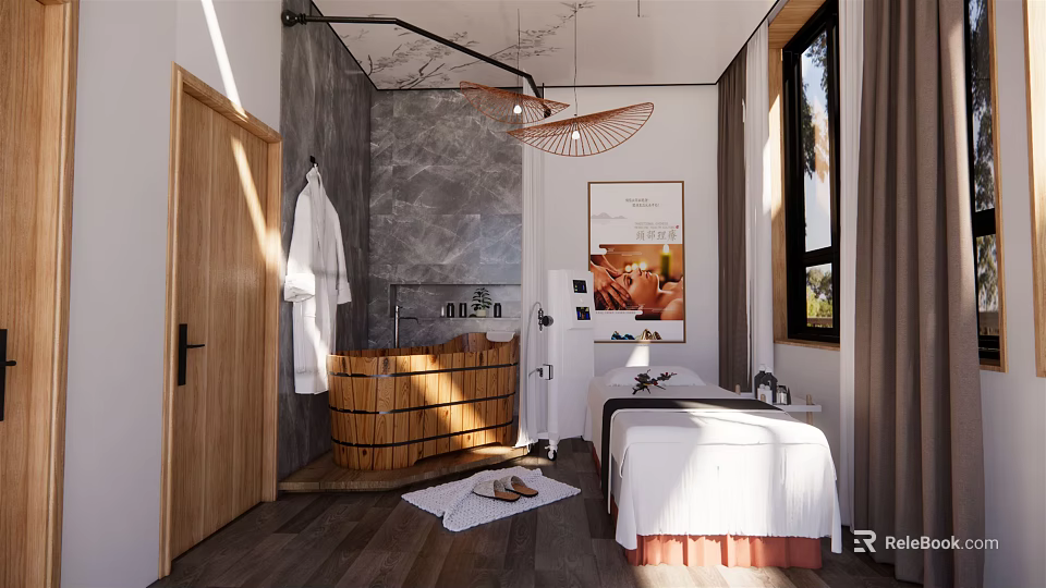 Luxury SPA Sauna Interior With Wooden Barrel Bath Massage Bed And Gray Marble Wall 3d model 