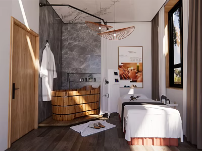 Luxury SPA Sauna Interior With Wooden Barrel Bath Massage Bed And Gray Marble Wall 3d model