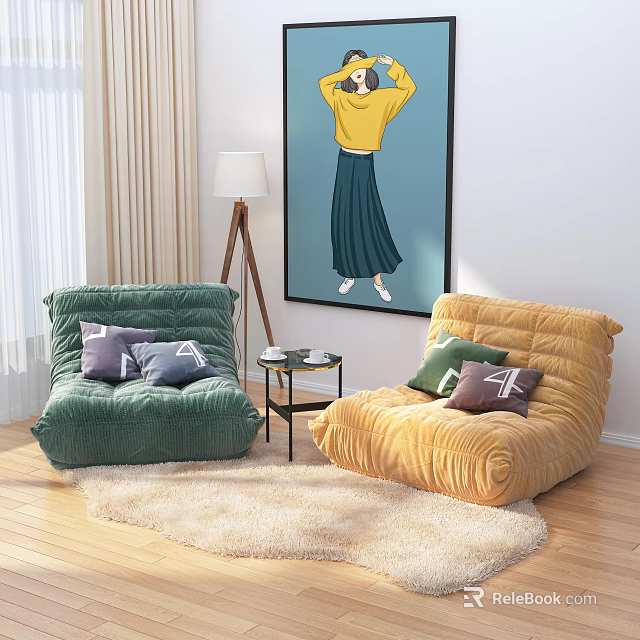Comfortable Green and Yellow Bean Bag Sofas with Cushions in Modern Living Room Interior 3d model 