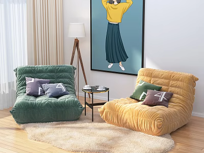 Comfortable Green and Yellow Bean Bag Sofas with Cushions in Modern Living Room Interior 3d model