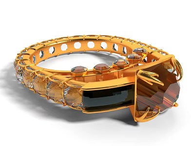 Exquisite Golden Statement Ring With Intricate Perforated Band And Amber Black Gemstones 3d model