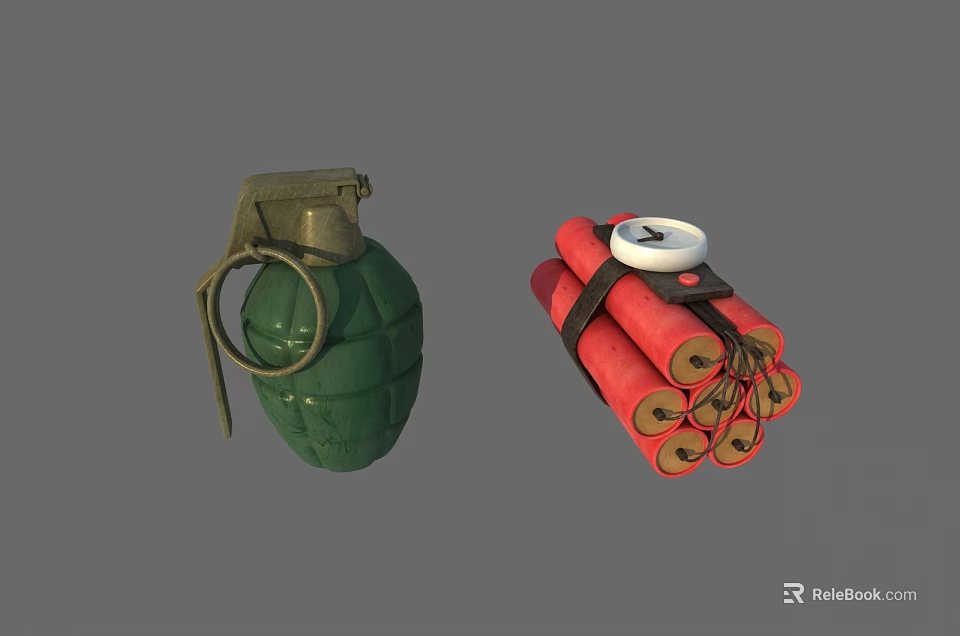 Green Hand Grenade and Red Dynamite Bundle as Military Explosive Weapons 3d model