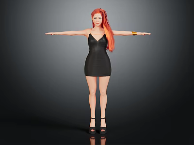 Red Haired Woman in Black Dress with High Heels Arms Outstretched Against Gray Background 3d model