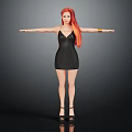 Red Haired Woman in Black Dress with High Heels Arms Outstretched Against Gray Background