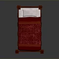 Solid Wooden Bed Frame With Red Patterned Bedspread And White Pillow