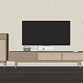 Minimalist Wooden TV Stand With Woven Panels And TV Near Decorative Statue Plant