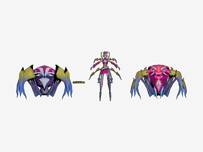 Female Character In Pink Purple Outfit With Purple Yellow And Reddish Purple Biomechanical Creatures 3d model