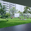 Modern Outdoor Landscape With Water Pool Palm Trees Rock Grass And Relaxation Area