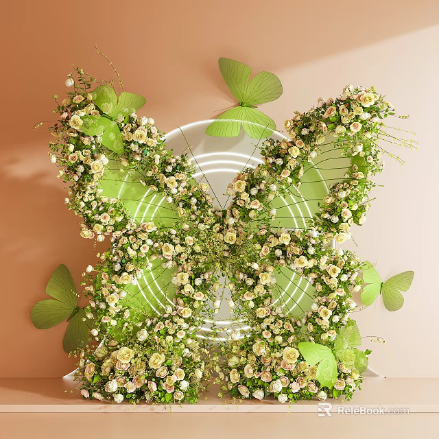 Butterfly Shaped Window Display Decoration With Green Wings And White Yellow Flowers 3d model 