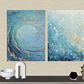 Abstract Blue And Gold Textured Paintings With Decorative Objects On Wall 3d model