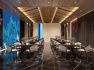 Elegant Chinese Style Banquet Hall Interior With Blue Mountain Wall Wooden Ceiling And Marble Floor 3d model