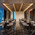 Elegant Chinese Style Banquet Hall Interior With Blue Mountain Wall Wooden Ceiling And Marble Floor