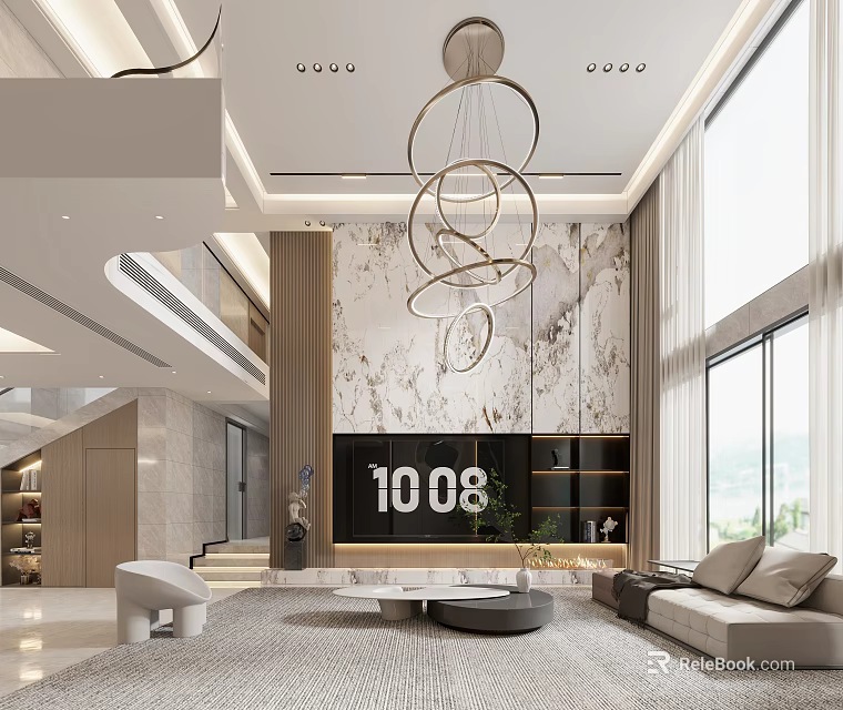 Modern Living Dining Room Interior With Circular Chandelier Marble Wall And Floor To Ceiling Windows 3d model 