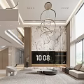Modern Living Dining Room Interior With Circular Chandelier Marble Wall And Floor To Ceiling Windows