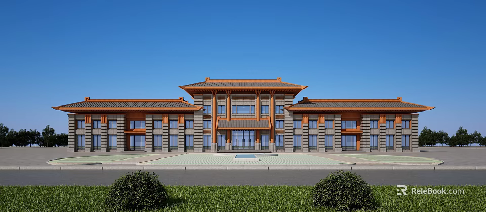 Chinese Traditional Style Office Building Featuring Orange Roof Stone Facade Front Square And Green Plants 3d model 