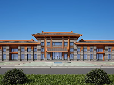 Chinese Traditional Style Office Building Featuring Orange Roof Stone Facade Front Square And Green Plants 3d model