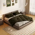 Elegant Bedroom Interior With White Walls Framed Paintings Brown Curtains And Green Bedding