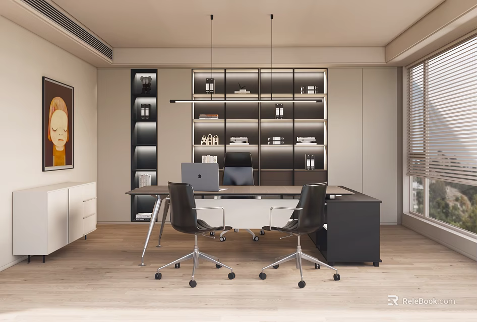 Modern Office Interior Design With Work Desk Office Chairs Bookshelf And Pendant Lights 3d model 