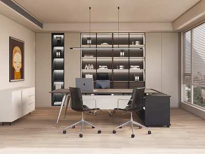 Modern Office Interior Design With Work Desk Office Chairs Bookshelf And Pendant Lights 3d model