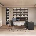 Modern Office Interior Design With Work Desk Office Chairs Bookshelf And Pendant Lights