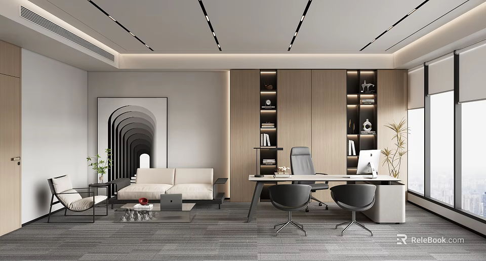 Modern Office Interior Design With Sofa Desk Chairs Bookshelves Artwork And Plant 3d model 