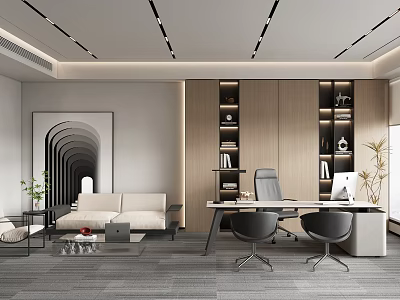 Modern Office Interior Design With Sofa Desk Chairs Bookshelves Artwork And Plant 3d model