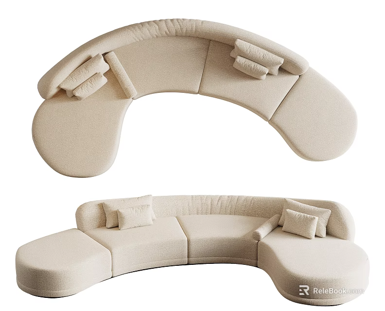Curved Sectional Sofa with Beige Upholstery and Plush Cushions for Living Room 3d model 