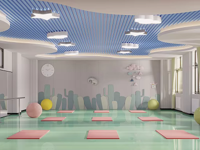 Vibrant Fitness Studio With Green Floor Pink Yoga Mats Blue Striped Ceiling And Exercise Balls 3d model