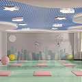 Vibrant Fitness Studio With Green Floor Pink Yoga Mats Blue Striped Ceiling And Exercise Balls