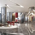 Modern Lobby Front Desk Reception with Curved Ceiling Lights Red Sofas and Marble Flooring 3d model