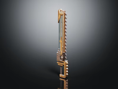 Shiny Golden Mechanical Weapon With Serrated Blade And Futuristic Intricate Design 3d model
