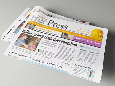 FreePress Newspaper Spread Open Featuring Multiple News Headlines With Local And Education Stories 3d model