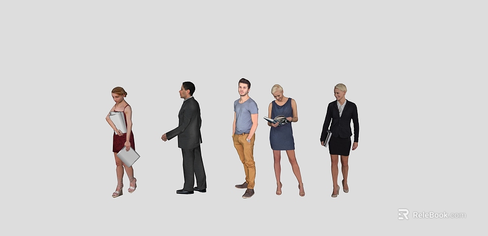 Group of Professional People in Various Business Attire Walking and Holding Files 3d model 