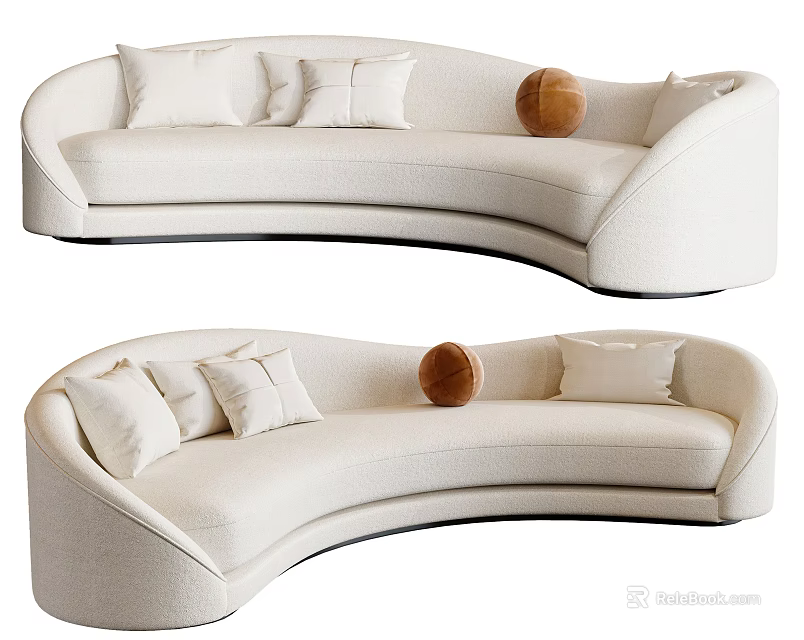 Curved Cream Sectional Sofa With Multiple Pillows And Round Decorative Cushion 3d model