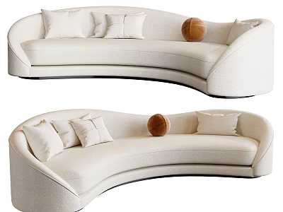 Curved Cream Sectional Sofa With Multiple Pillows And Round Decorative Cushion 3d model