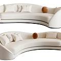 Curved Cream Sectional Sofa With Multiple Pillows And Round Decorative Cushion 3d model