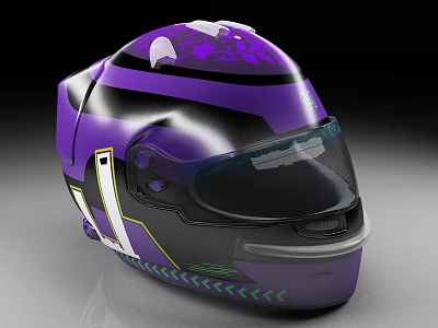 Purple Motorcycle Helmet With Black Accents Colorful Graphics And Transparent Visor 3d model