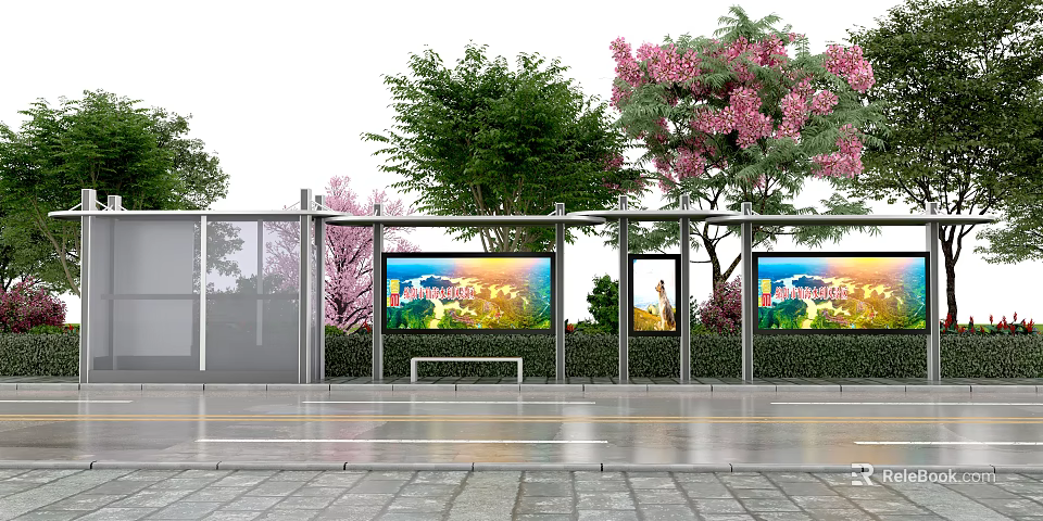 Road Facilities Featuring Bus Stop Shelter With Digital Screens Bench And Trees 3d model 