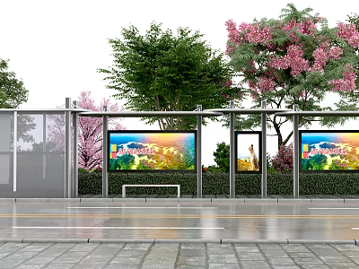 Road Facilities Featuring Bus Stop Shelter With Digital Screens Bench And Trees 3d model
