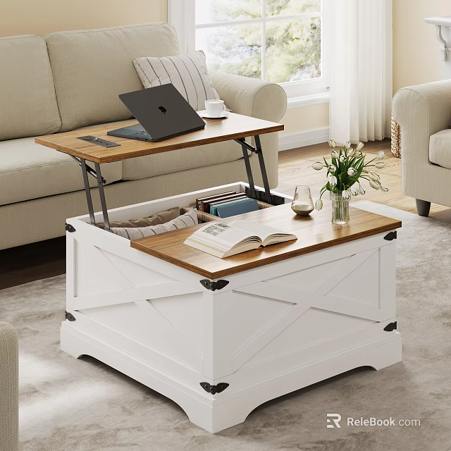 Cozy Living Room With Light Sofa White Storage Coffee Table Laptop Books And Flower Vase 3d model 