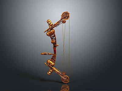 Golden Mechanical Crossbow With Intricate Gear Structure And Metallic Red Accents 3d model